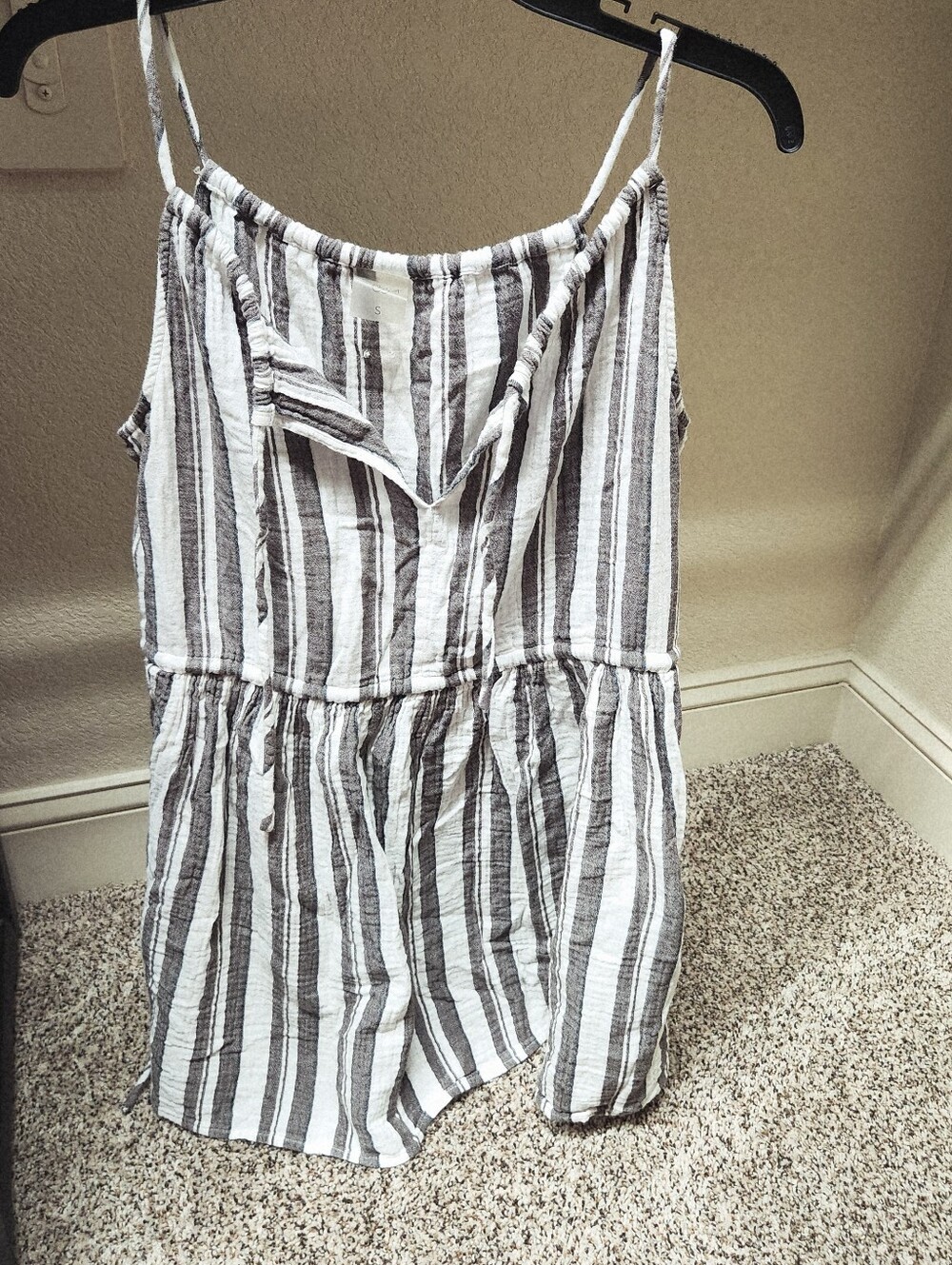 Calia Cotton Striped Spaghetti Strap Dress in White and Charcoal